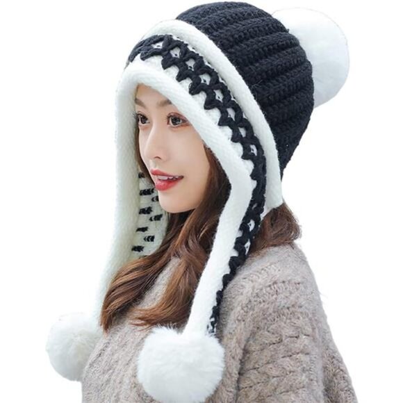 Black Pompom Cable Knit Peruvian Beanie Hat Fluffy Slouchy Winter Trapper Hat - Picture 4 of 4